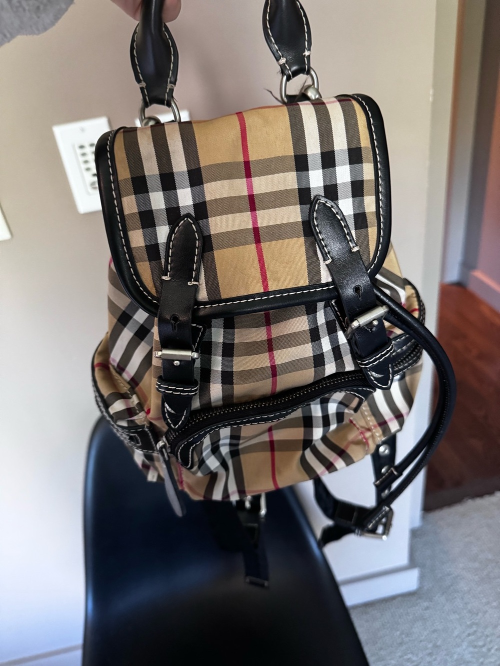 Burberry-Inspired Beige Check Mini Backpack with Black Trim